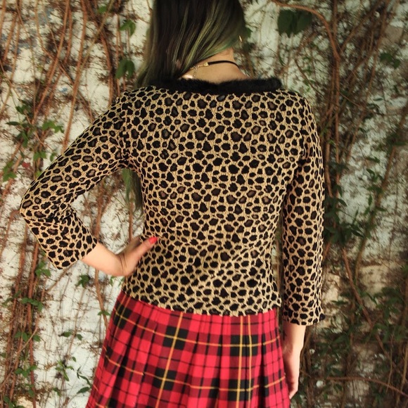 Leopard Print  Sheer Mesh Blouse with Fur Collar - Picture 4 of 4